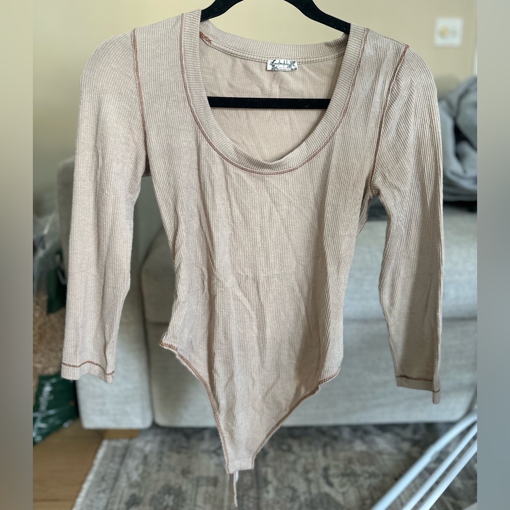 Free People Taupe Ribbed Bodysuit